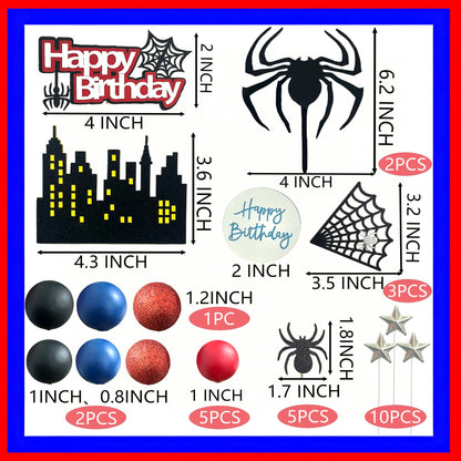 Tyotrbs 44PCS Spider Cake Topper Spider Web Cake Decoration Spiders Theme Cake Decor Happy Birthday Toppers Stars Red Blue Balls Cupcake Topper for Boys Men Baby Shower Hero Party Supplies