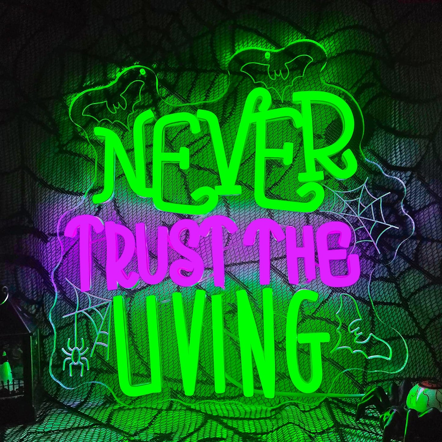 Ajoyferris Never Trust The Living Neon Sign Halloween Neon Signs for Wall Decor Dimmable Tombstone Led Sign Gothic Haunted House Neon Lights for Windows Halloween Party Decor