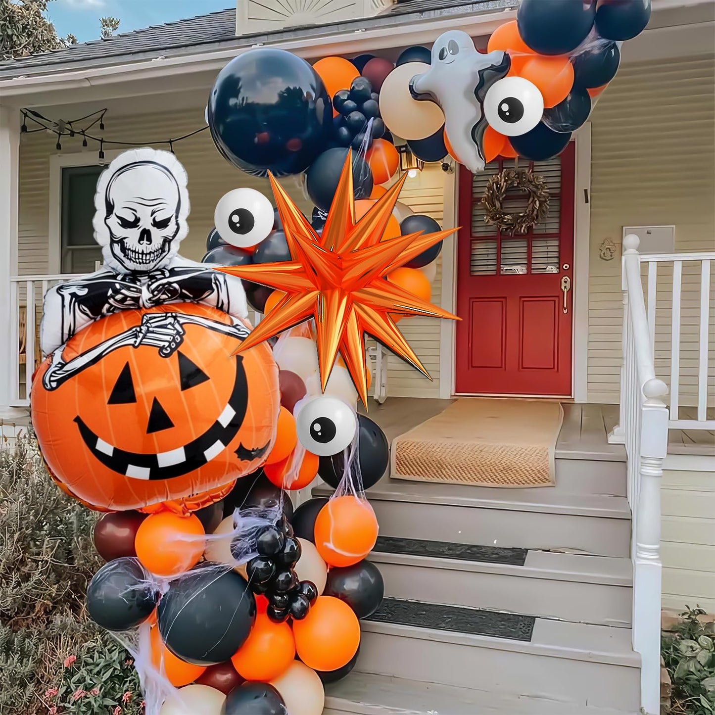 Halloween Balloon Arch Kit with Pumpkin Explosion Star Foil Balloons, Black Orange Beige Balloons Garland Kit with Eyes Balloons, halloween Party Balloons for Halloweens Home Garden Decorations