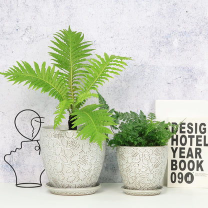 Bestseler 8 Inch + 6 Inch Retro Ceramic Planter Set of 2 with Drainage Hole and Saucer for Multiple Plants, Indoor-Outdoor Garden Pots for Succulent, Orchid, and Flower (Retro White)