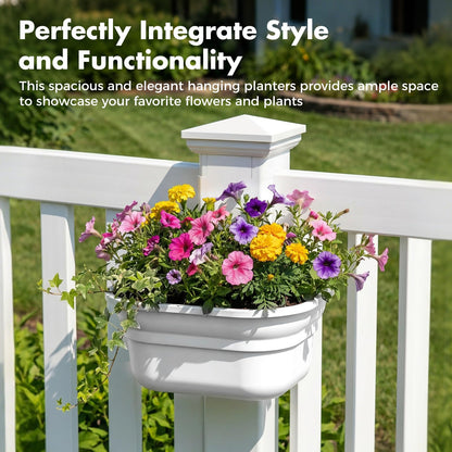 Maixinbuy Hanging Planters for Outdoor Plants - Fence Hanging Planters for PVC Fence, Plant Hangers Hanging Plant Flower Pots White with Post Caps for Garden Yard Decor, Easy Install - 4 Pack