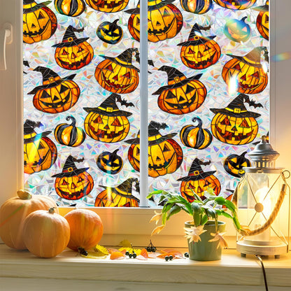 Bloss Halloween Window Clings,Stained Glass Windows Film,Pumpkin Glass Fall Windows Clings, 3D Decorative Privacy Films,Cute Halloween/Thanksgiving Window Stickers for Home Decor, 17x39.4Inch
