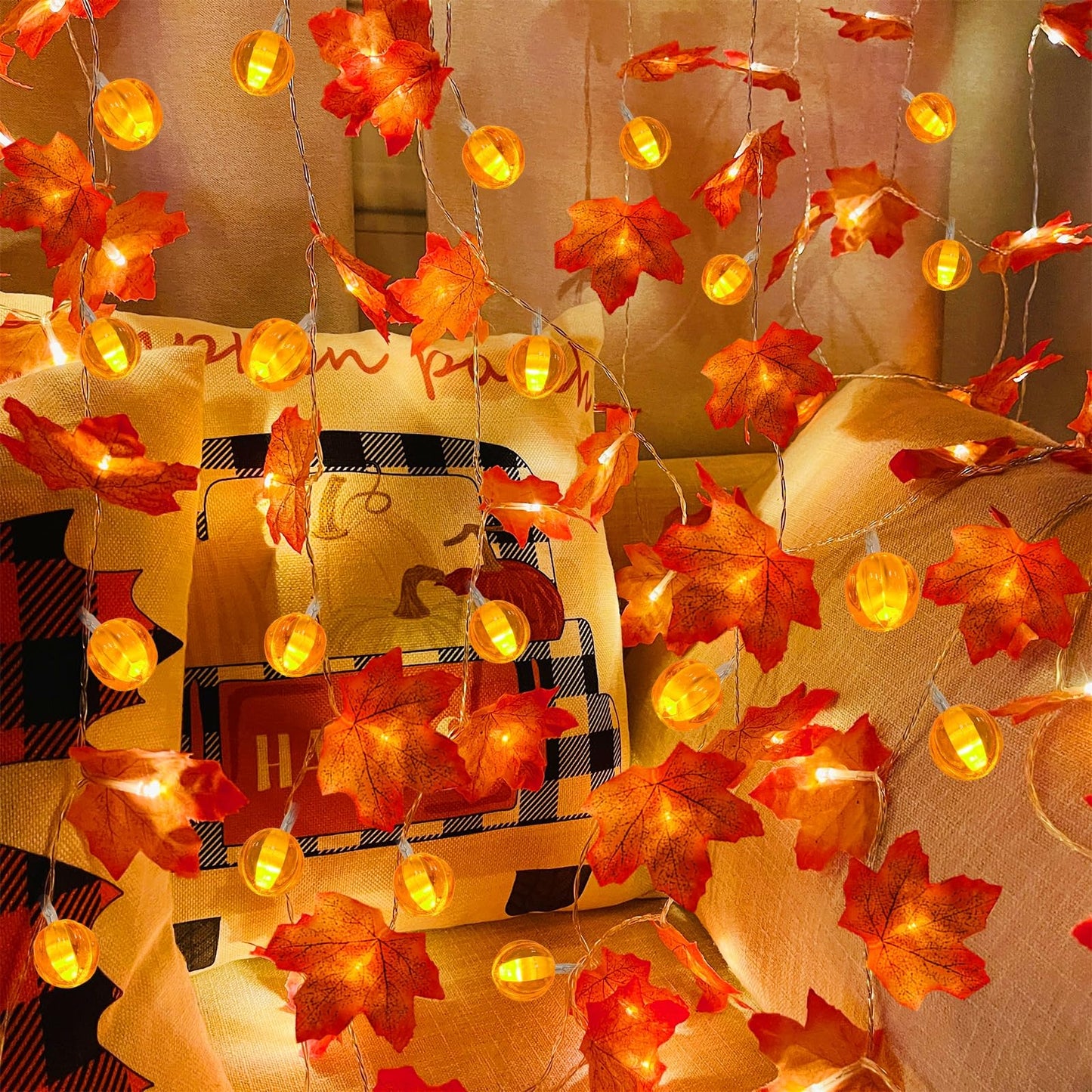 3 Pack Fall Decor Fall Garland with Pumpkin Lights&Enlarged Maple Fall String Lights Pumpkin Decor, 30Ft 60LED Waterproof Battery Operated Christmas Halloween Thanksgiving Fall Decorations for Home