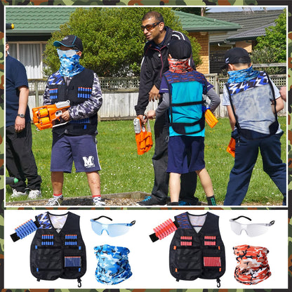 Sosation 8 Sets Kids Tactical Vest Compatible with Nerf Party Favor Accessories, Face Mask Wrist Ammo Holder Toy Gift Supplies Boys (Orange and Blue)