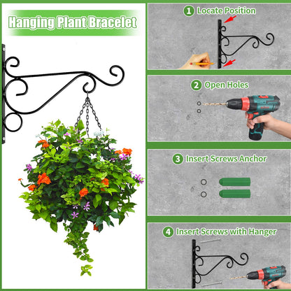 Preimum Black Plant Wall Mount Hanging Brackets Hooks Plant Basket Hanger Holder 10 Inches Indoor Outdoor Metal Brackets with Screws Garden Baskets Hanging Planters Lantern Wind Chimes(2PACK)