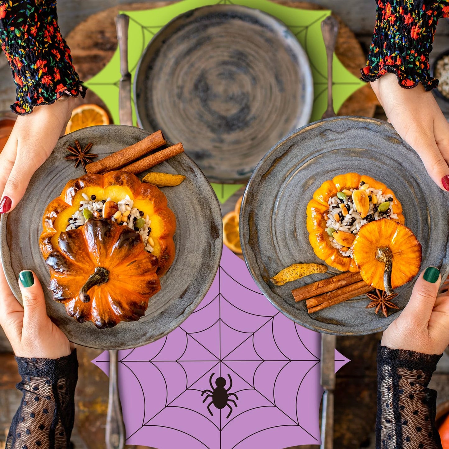Whaline 48 Pack Halloween Paper Place Mats 13 Inch Spiderweb Disposable Placemats Green Orange Purple Spider Web Paper Table Mats for Kitchen Dinner Table Setting