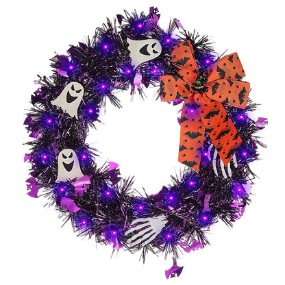 Halloween Wreath for Front Door with Lights,13 Inch Ghost Wreath Halloween Decorations for Indoor Window Party Holiday Wall Home Decor (Ghost)