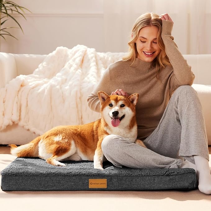 Patas Lague Orthopedic XL Dog Bed Large Sized Dog 48''X30'', Soft Waterproof Egg Crate Foam Large Pet Crate Beds Mat with Removable Washable Cover and Non-Slip Bottom, Dark Grey