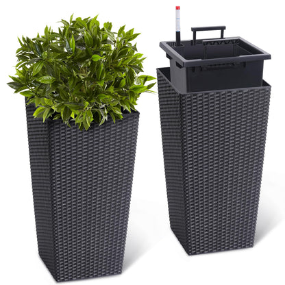 CheerAmenit 22.5 Inch Tall Planter Set of 2 Large Rattan Flower Pot with 2 Trays & a Water Level Monitor & Wheels Outdoor and Indoor for Patio, Porch, Living Room, or Home Office