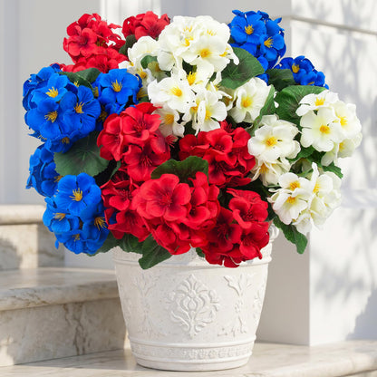 Hananona 6 Pcs Artificial Geranium Flowers for Outdoors Geranium Silk Flowers Outdoor UV Resistant Plants Faux Patriotic Flowers for 4th of July Home Kitchen Table Centerpieces Decor (6, RedWhiteBlue)