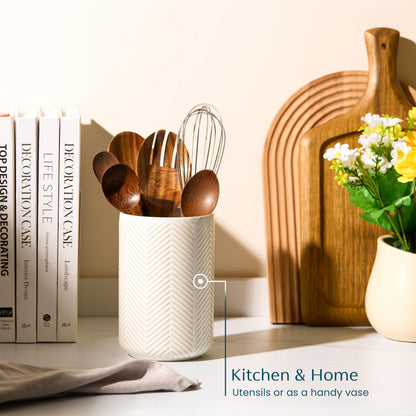 Kook Ceramic Storage Containers, Embossed Pantry & Bathroom Canisters with Airtight Bamboo Lids, Dishwasher Safe Stoneware Jars (40, 65, 100 oz), Set of 3, Narbonne Collection (Ivory)