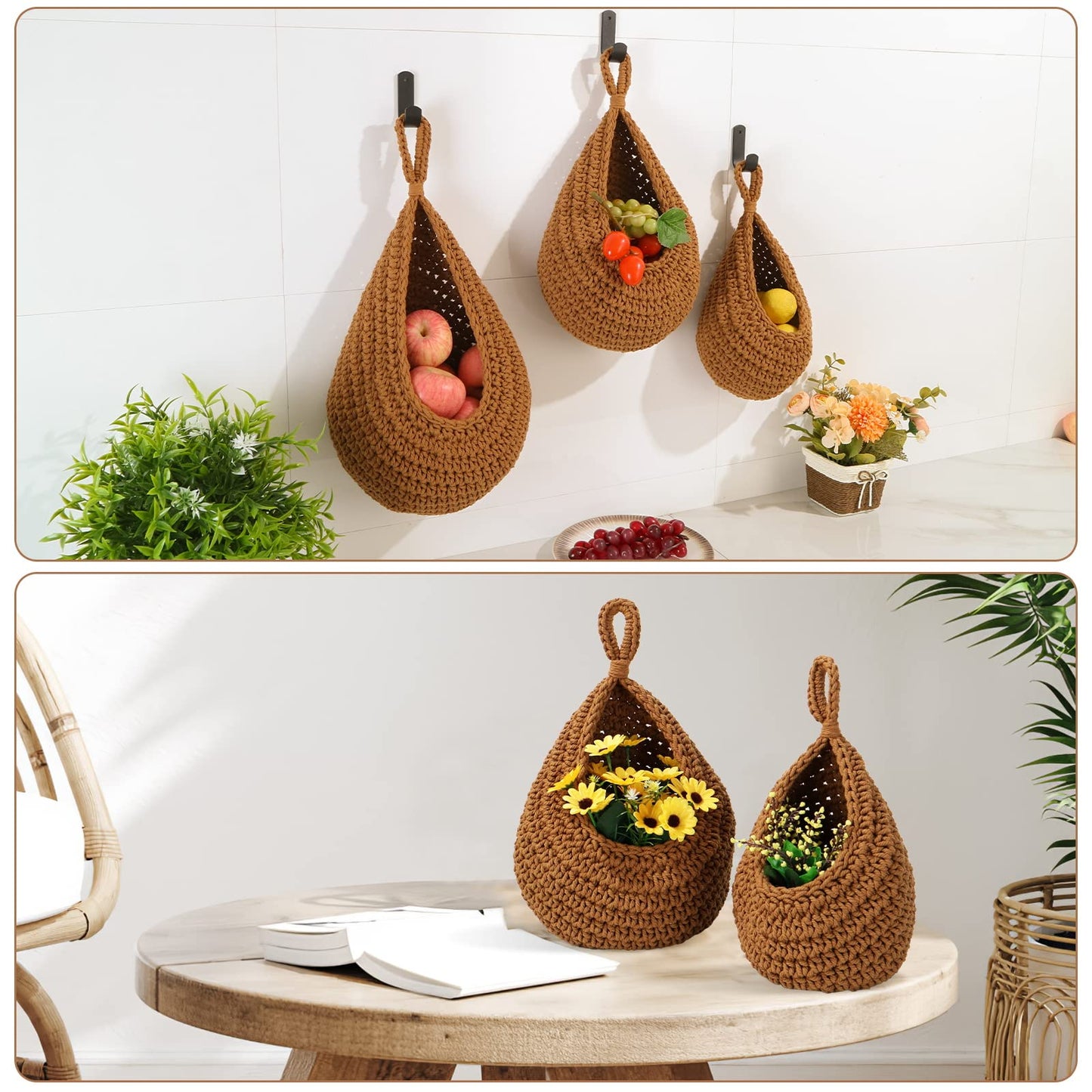 Boho Decor Hanging Fruit Baskets for Kitchen - 3 Pack Wall Hanging Basket with 6 Pcs Strong Hooks, Handwoven Hanging Holder Teardrop Produce Basket for Fruits Vegetable Potato Onion Storage (Linen)