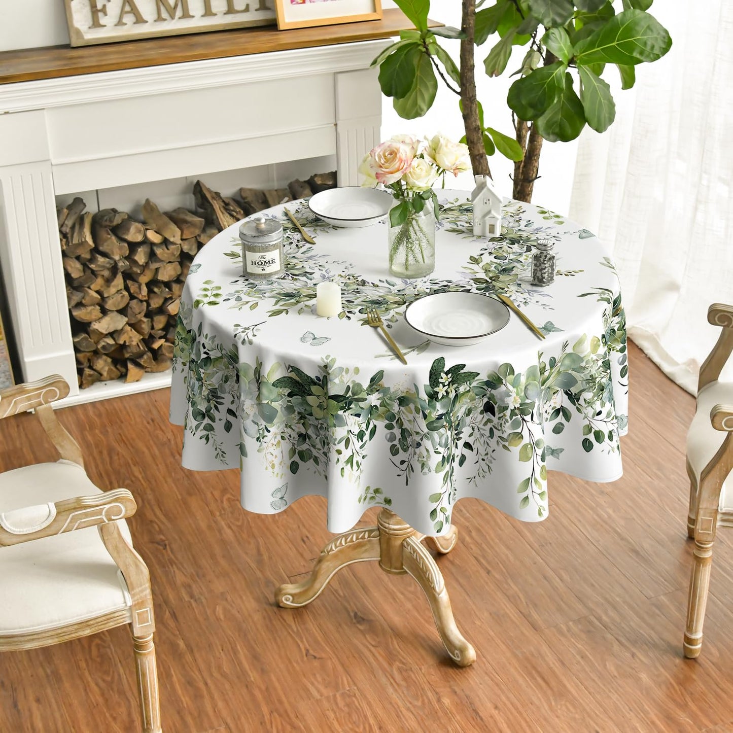Horaldaily Spring Tablecloth 90×90 Inch Round, Green Eucalyptus Washable Seasonal Table Cover for Party Picnic Dinner Decor
