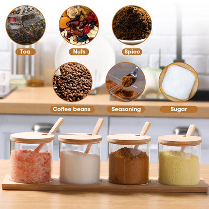 Zubebe 8 Pcs 10 oz Clear Glass Seasoning Jar with Wooden Lid and Spoon Adorable Sugar Condiment Jar Canisters Pot Set Bath Salt Sugar Storage Container Box for Home Cafe Kitchen