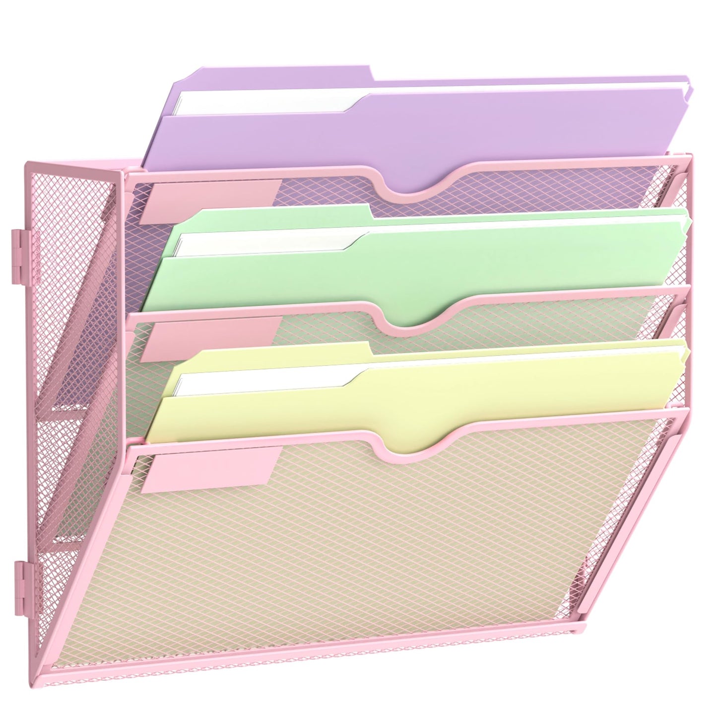 SUPEASY 3 Tier Wall File Organizer, Hanging Wall Mounted Mail Organizer with Label Slots, Metal Mesh File Holder Magazine Rack for Office, Home, School, Pink