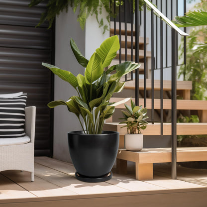EPFamily Ceramic Planter - 10 Inch Plant Pot with Drainage Hole and Tray, Round Flower Pots, Planters for Indoor Plants, Modern Room Garden Patio Bathroom Living Room Porch Home Decor, Black