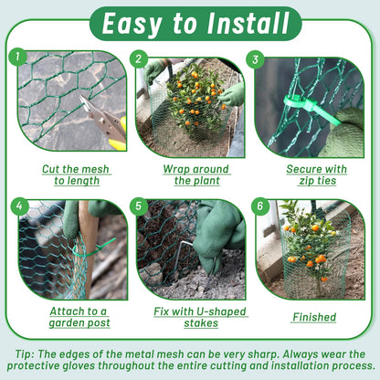 Convivium Plant Protectors from Animals, 0.8mm Free-Cut Green Chicken Wire Mesh, PVC Coated Tree Trunk Guard & Garden Fence for Outdoor Plants with Zip Ties, Stakes, Pliers, Gloves（16.4Ft*16In）