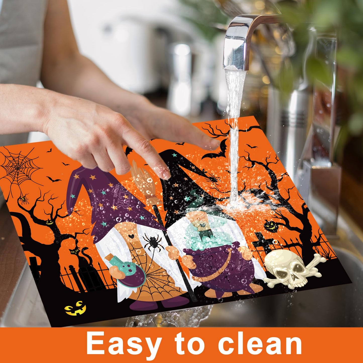 Halloween Plastic Placemats Set of 6 Table Mats Kitchen Decor Wipe Clean Washable Orange Halloween Place Mats for Indoor Outdoor Heat Resistant Kitchen Dining Table