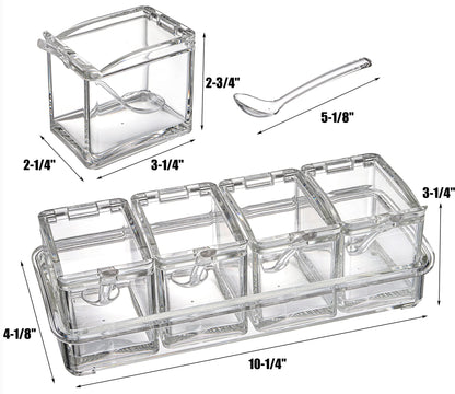 Yesland Clear Seasoning Rack Spice Pots - 4 Piece Storage Container Condiment Jars - Acrylic Seasoning Box, Cruet with Cover and Spoon