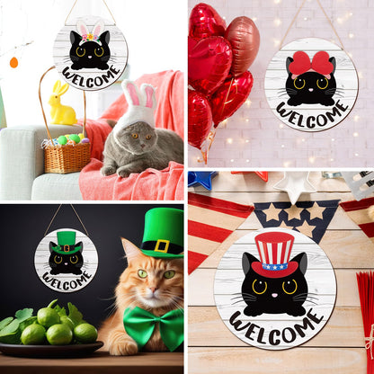 BrightRow Interchangeable Welcome Sign for Front Door with 4 Seasonal 15 Black Cat Headpieces, Wooden Farmhouse Outdoor Porch Sign with 4th of July Patriotic Decor for Cat Lovers, Housewarming Gift