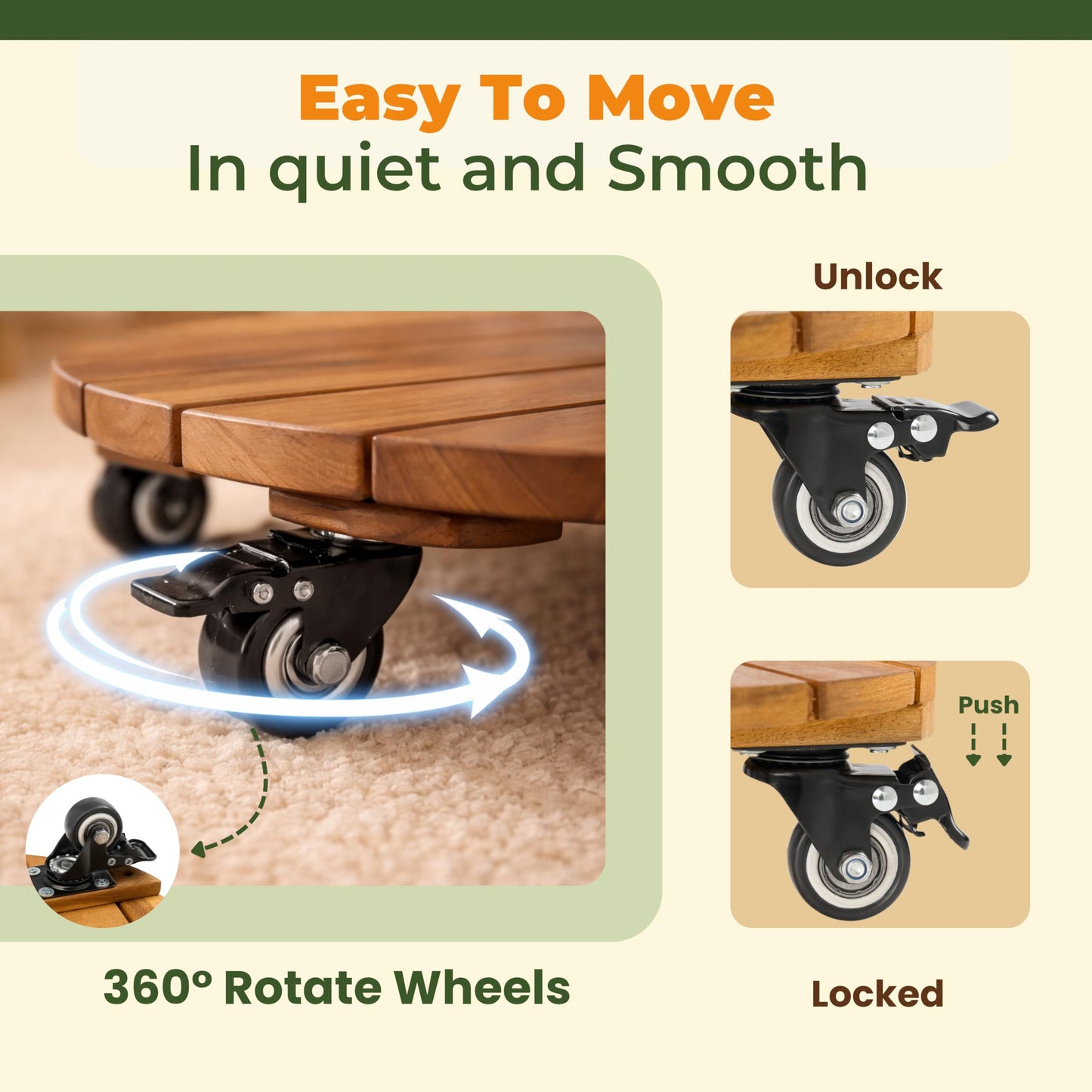 Jurax 14 Inch Wood Plant Caddy with Wheels – Heavy Duty Plant Dolly Holds Up to 286 lbs, 360° Lockable Casters, Rolling Plant Stand Indoor Outdoor for Large Pots – 2 Packs, Round-Golden Teak