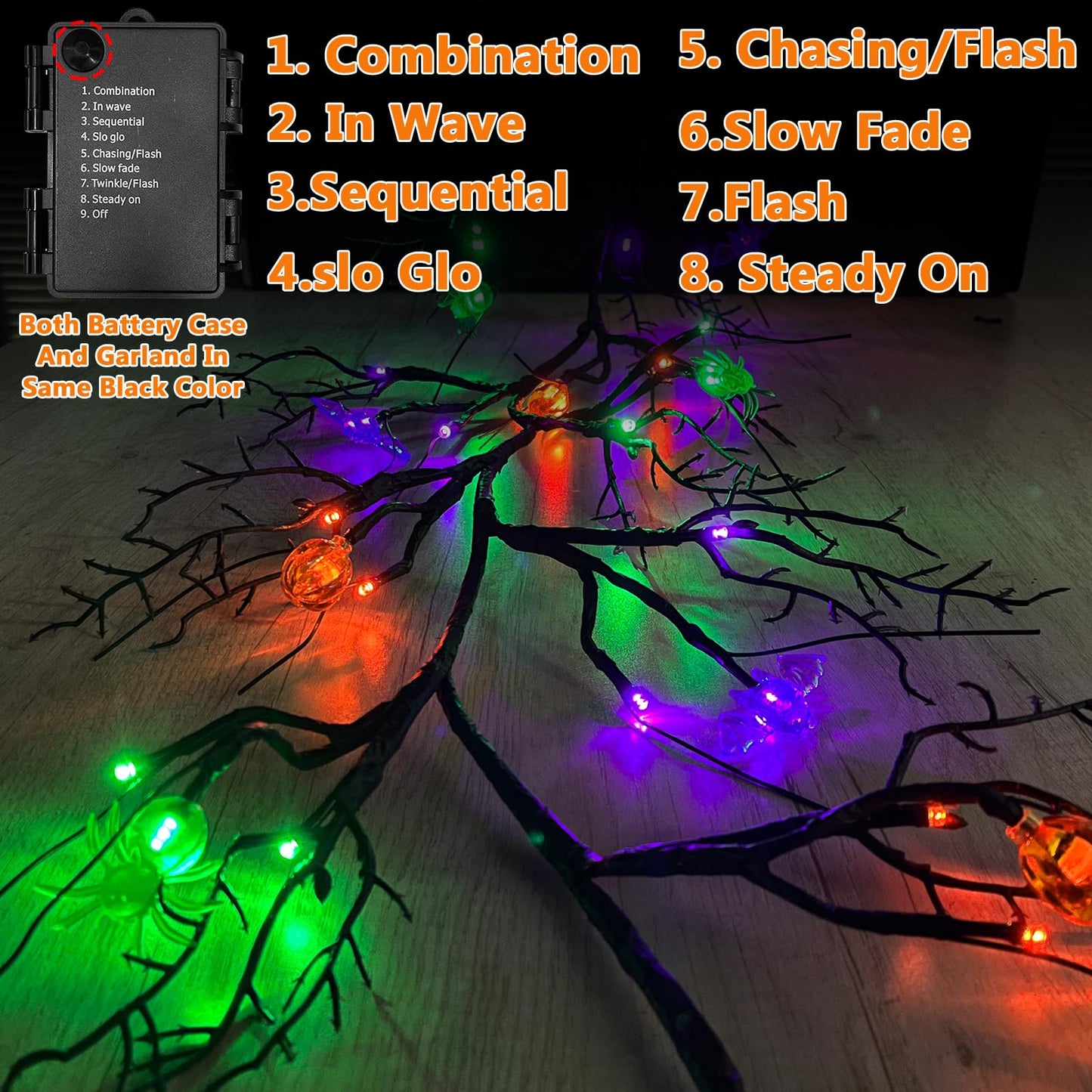 SURCVIO [ 8 Modes & Timer ] 6 Ft 54 LED Halloween Willow Vine Twig Decor Garland with 6 Bats & Pumpkins & Spiders Lights Waterproof Battery Operated Halloween Decorations Home Wall Fireplace Decor
