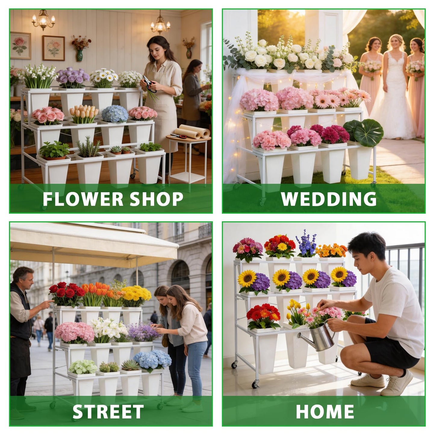 SXJHOPK Flower Display Stand with 12 Buckets, 3-Tier Rolling Plant Stand with Locking Wheels - Heavy Duty Metal Flower Cart for Indoor/Outdoor Use, Wedding Decor & Florist Displays