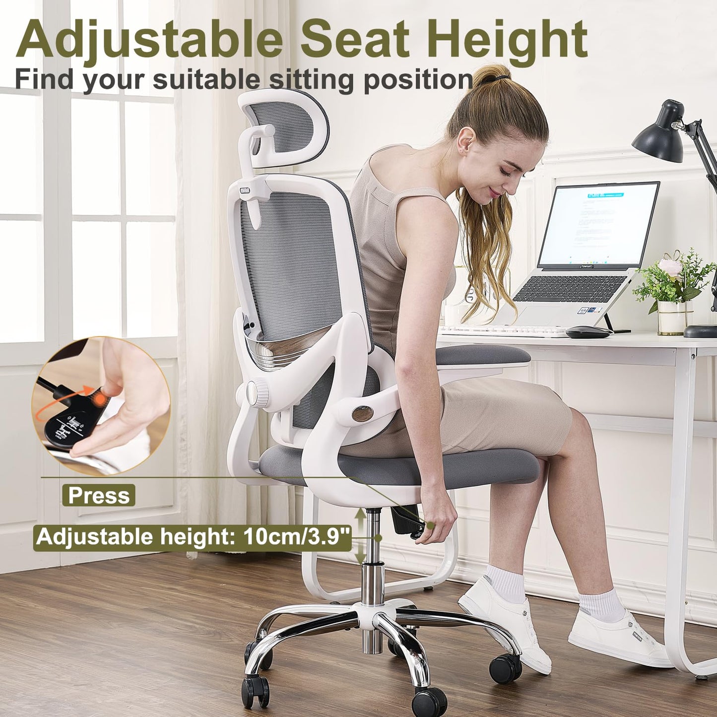 TONFARY Ergonomic Home Office Chair, High Back Mesh Desk Chair with Adjustable Lumbar Support, Flip-up Armrest, Removable Headrest, Swivel Computer Gaming Chair, Space Saving, 330LBS (White+Grey)