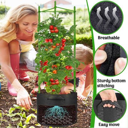 Tomato Cages with 10 Gallon Grow Bags, 48 Inches Garden Tomato Planter, 3-Pack Tomato Trellis for Raised Garden Bed, Tomato Cage Pots Plant Support Stakes Trellis for Climbing Plants Vegetable Flowers