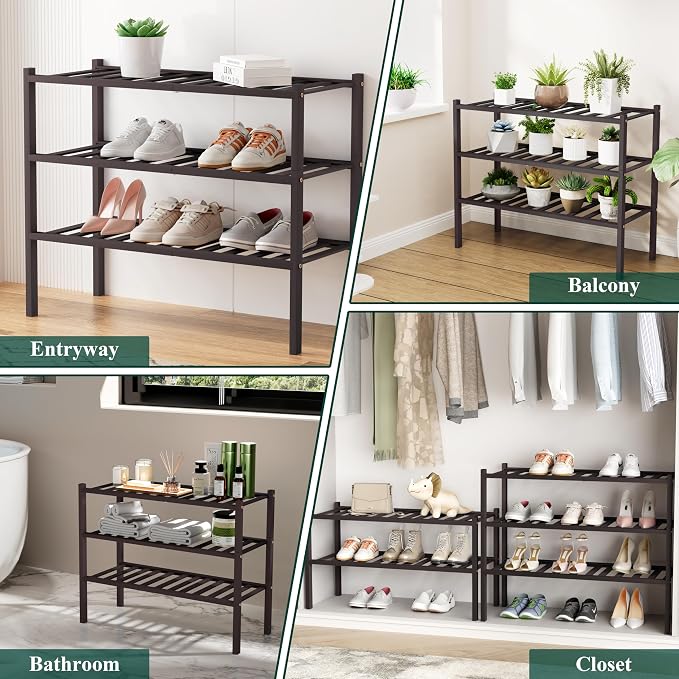 Smiry Bamboo Shoe Rack, 5 Tier Free Standing Wooden Shoe Organizer, Stackable Wood Shoe Storage Shelf for Closet, Entryway, 12 Vertical Slats, 2+2+1 Stack Standard Legs, 26.8"x11"x32.5", Brown