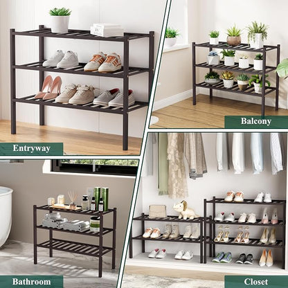 Smiry Bamboo Shoe Rack, 3 Tier Free Standing Wooden Shoe Organizer, Stackable Wood Shoe Storage Shelf for Closet, Entryway, 12 Vertical Slats, 2+1 Stack Standard Legs, 26.8"x11"x19.5", Brown