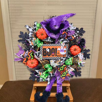 Vofuly Halloween Wreath, 20" Mesh, Orange, Green, Black, Copper, Witch Legs, Pumpkin & Witch, Fun Porch Decor