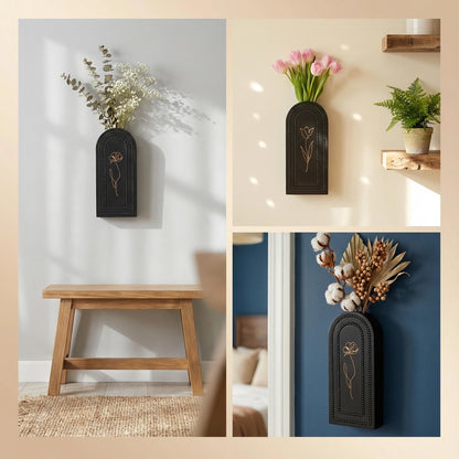 2 Pack Wooden Wall Planter Vase Set, Black Finish Modern Farmhouse & Boho Wall Decor for Living Room, Bathroom, Kitchen, Dining Room (Black)