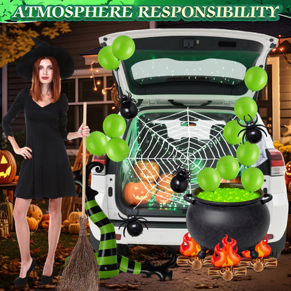 Soulchen 32 Pcs Halloween Witch Trunk or Treat Car Decor Kit Witch Cauldron Banner Inflatable Legs Fake Campfire Camping Balloon Prop Yard Halloween Wizard Garage Trunk or Treat Car Supplies(Green)