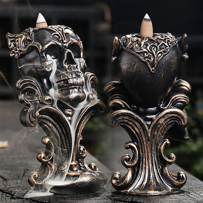 Comeon Backflow Incense Holder Burner Resin Skull Incense Burner Waterfall Incense Burner Home Decor + 20 Backflow Incense Cones + 30 Incense Sticks +1 Tweezer +1 Mat（Metallic Gold）