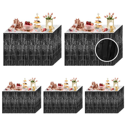 5 Pack Black Foil Fringe Table Skirt 29x108 Inch Metallic Foil Fringe Table Skirts Tinsel Streamer Curtains Backdrop Parade Floats Birthday Halloween Christmas Party Decoration (Black)
