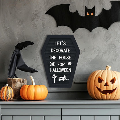 Coffin Letter Board - 354 Characters Spooky Halloween Characters with Wooden Stand and Canvas Bag - 10x7 Inches Small Size - Felt Message Board for Home Office Halloween Supplies & Decor (Black)
