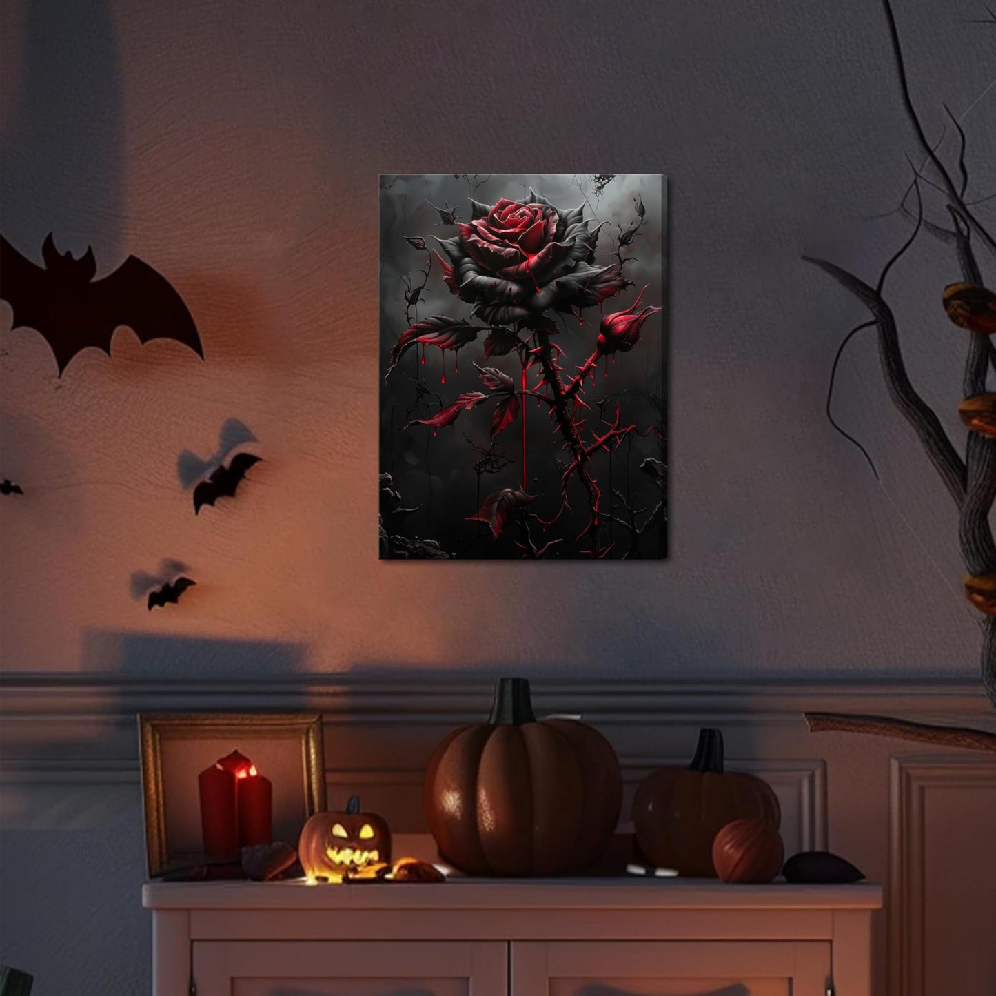 Gothic Canvas Wall Art Set of 3, Romantic Rose Halloween Wall Decor Paintings, Dark Goth Crow Skull Posters Prints for Bathroom Living Room Gallery Home Decor 12x16In Framed