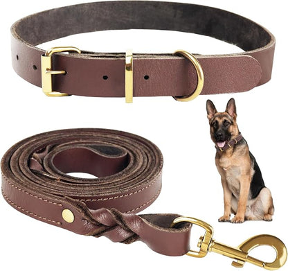 Heavy Duty Genuine Leather Dog Collar and Leash Set - 5ft Soft and Durable With Metal Buckle - Adjustable, Compatible for Large Dogs