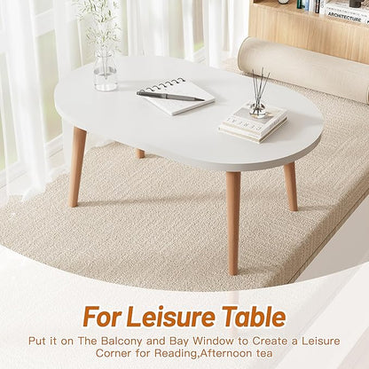 Small Coffee Table, Low Table with Solid Wood Legs, 23.6" Mini Oval Accent Table Side End Table, Floor Table Desk for Sitting on The Floor, Coffee Tea Table for Living Room, Dorm, Apartment, White