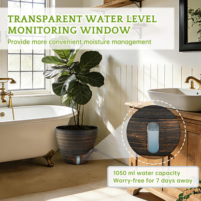 ZMTECH 10 Inch Self Watering Pots for Indoor/Outdoor Plants, Bronze Large Plastic Planter with Water Level Indicator, Drainage Hole & Removable Saucer for Garden Flowers, Deco Plant Container