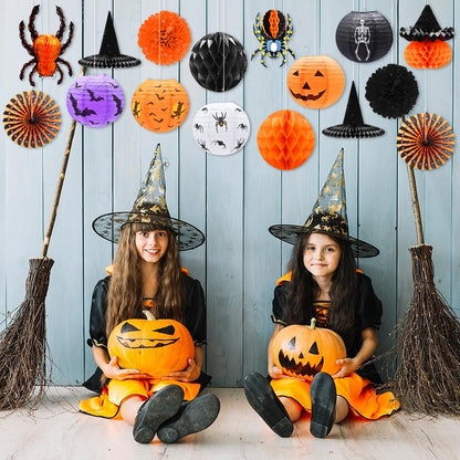 16-Pack Halloween Honeycomb Paper Lantern Ornaments – Hanging Decorations in Pumpkin, Spider, Witch Hat, and Ghost Designs for Halloween Party, Indoor Outdoor Décor, Fall Festival Supplies