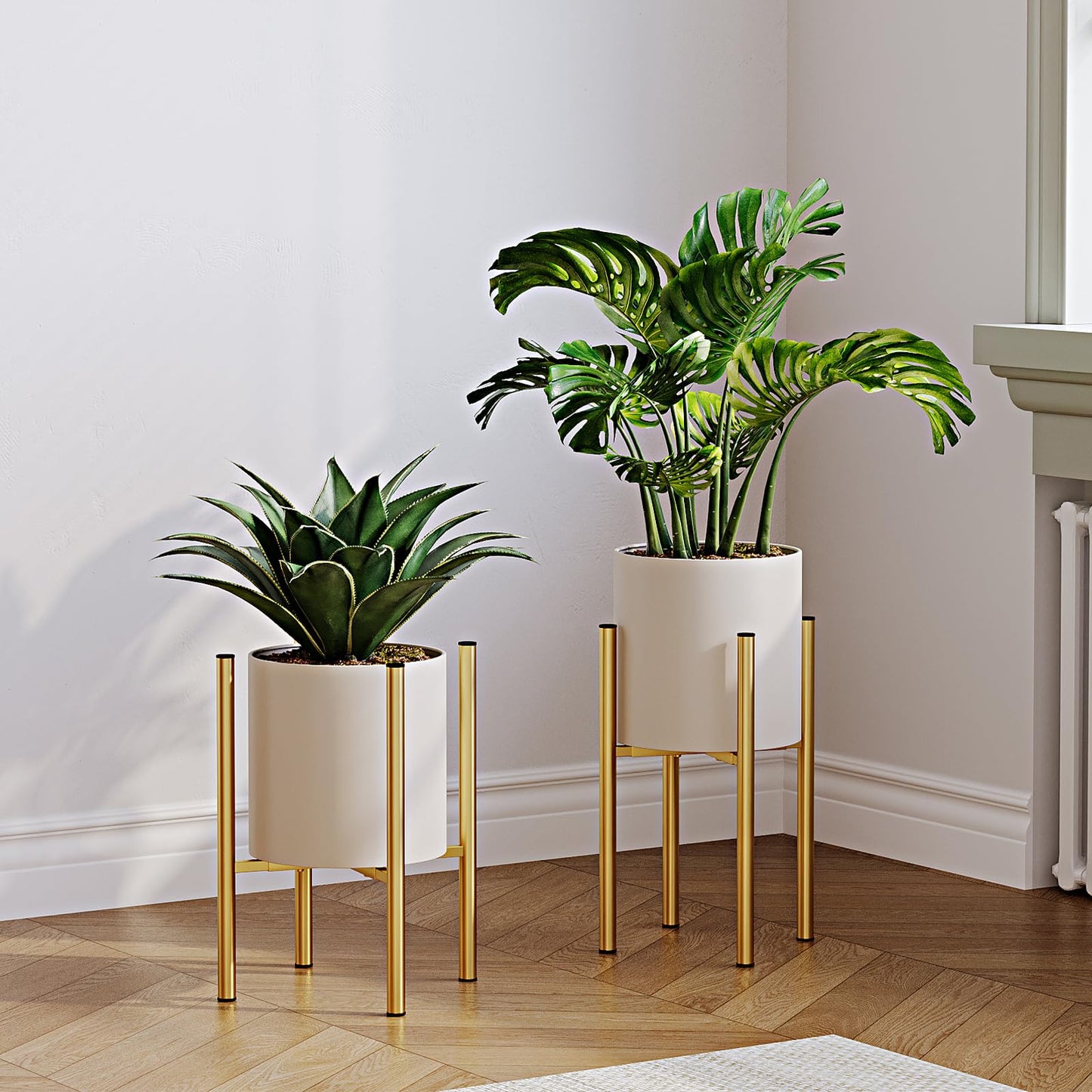 Rioneta Metal Plant Pot with Adjustable Stand, Mid Century Modern Planter Holder Capacity of 160LB for 8 to 14 Inch, Living Room Garden Bedroom Office Indoor Outdoor Beige & Golden