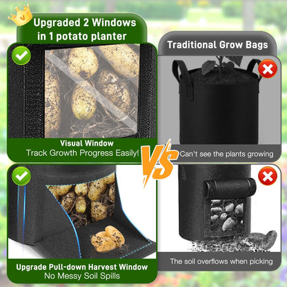 4 Pack Potato Grow Bags 10 Gallon with Harvest & Visible Window Thickened Garden Bags to Grow Vegetables with Handles & Metal Grommets for LST, Fabric Pots for Growing Carrots, Tomatoes, Onions