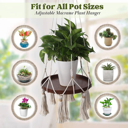 Flexzion Plant Hanger Boho Hanging Plant Shelf Macrame Plant Holder with Wood Flower Pot Shelf, C & S Ceiling Hooks Hand Woven Basket Bohemian Indoor Outdoor Home Decor for Living Room Bedroom, White