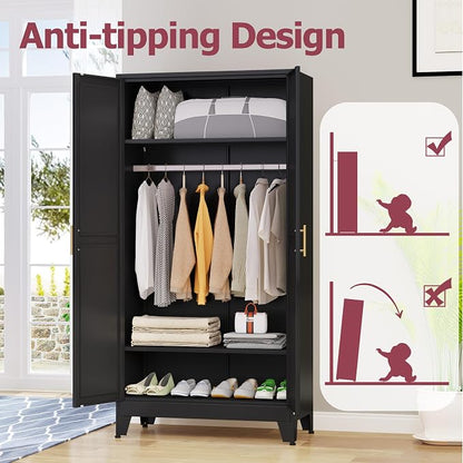 GAIOUS Metal Wardrobe Cabinet with Hanging Rod, Clothing Storage Cabinets | with 2 Doors and Adjustable Shelves, 71" Metal Black Armoire Wardrobe Closet for Bedroom, Laundry Room, Cloak Room