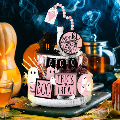 Umigy 15 Pcs Halloween Tiered Tray Decor Set Cute Ghost Tray Decorations Boo Halloween Wooden Signs Farmhouse Rustic Decoration for Home Table Party Supplies(Pink Ghost)
