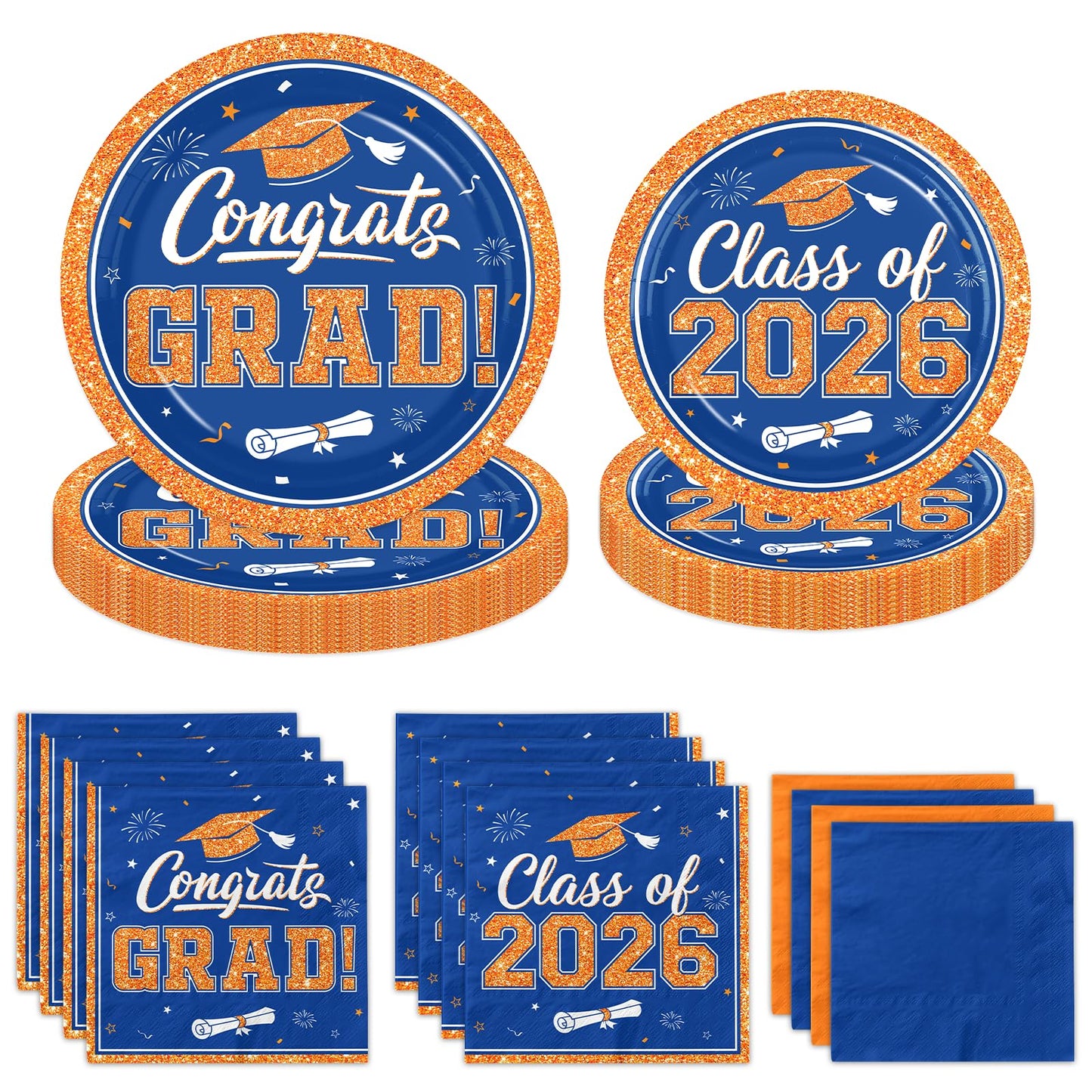 Gexlaju Graduation Plates and Napkins 2026,200pcs Orange and Blue Graduation Decorations 2026 Disposable Congrats Grad Paper Plates for Class Of 2026 Party Supplies,Serve 50