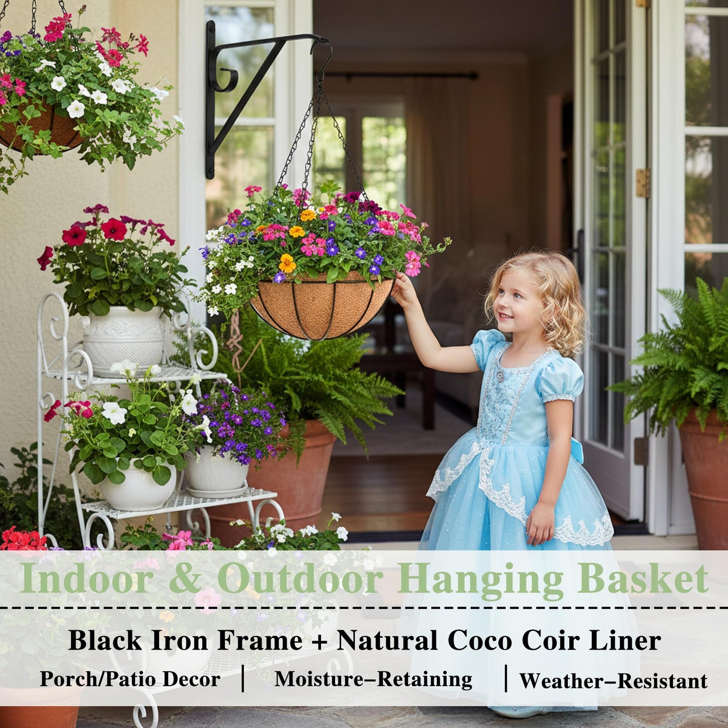 EIMQUVW Outdoor Metal Hanging Planters Basket (4pack, 8 inch) Hanging Baskets for Plants Chain Round Wire Plant Holder with Coco Fiber Liners for Garden, Patio, Deck, Porch