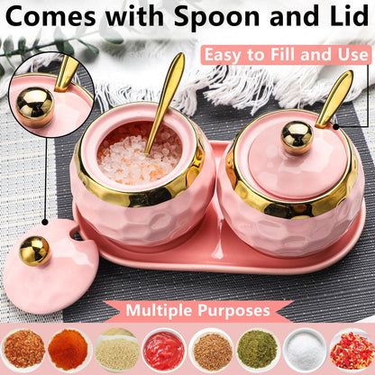 Sailench 10oz Ceramic Sugar Bowl, Golf Design Porcelain Salt Bowl Salt Container Sugar Bowl with Lid and Spoon for Home and Kitchen Coffee Bar (Pink (2pcs))